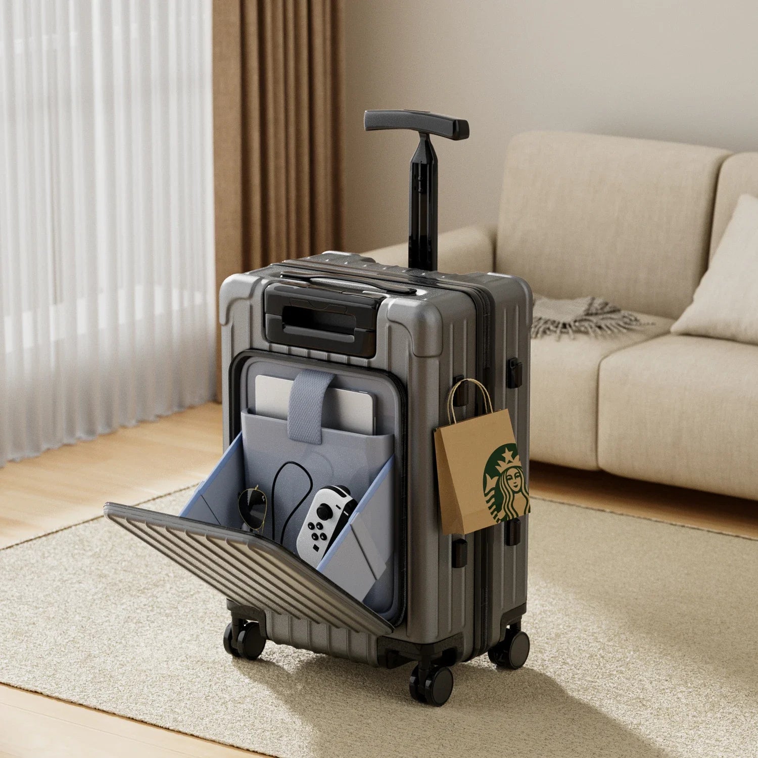 Valise Cabine Enfant à Ouverture Frontale avec Compartiment Ordinateur et Roues Spinner